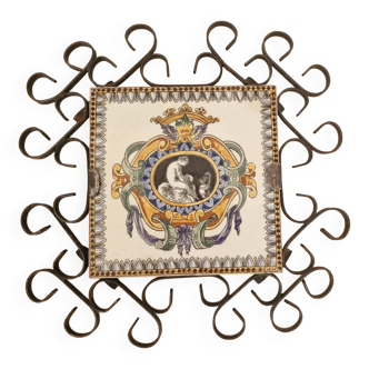 Hand painted gien tile on wrought iron trivet