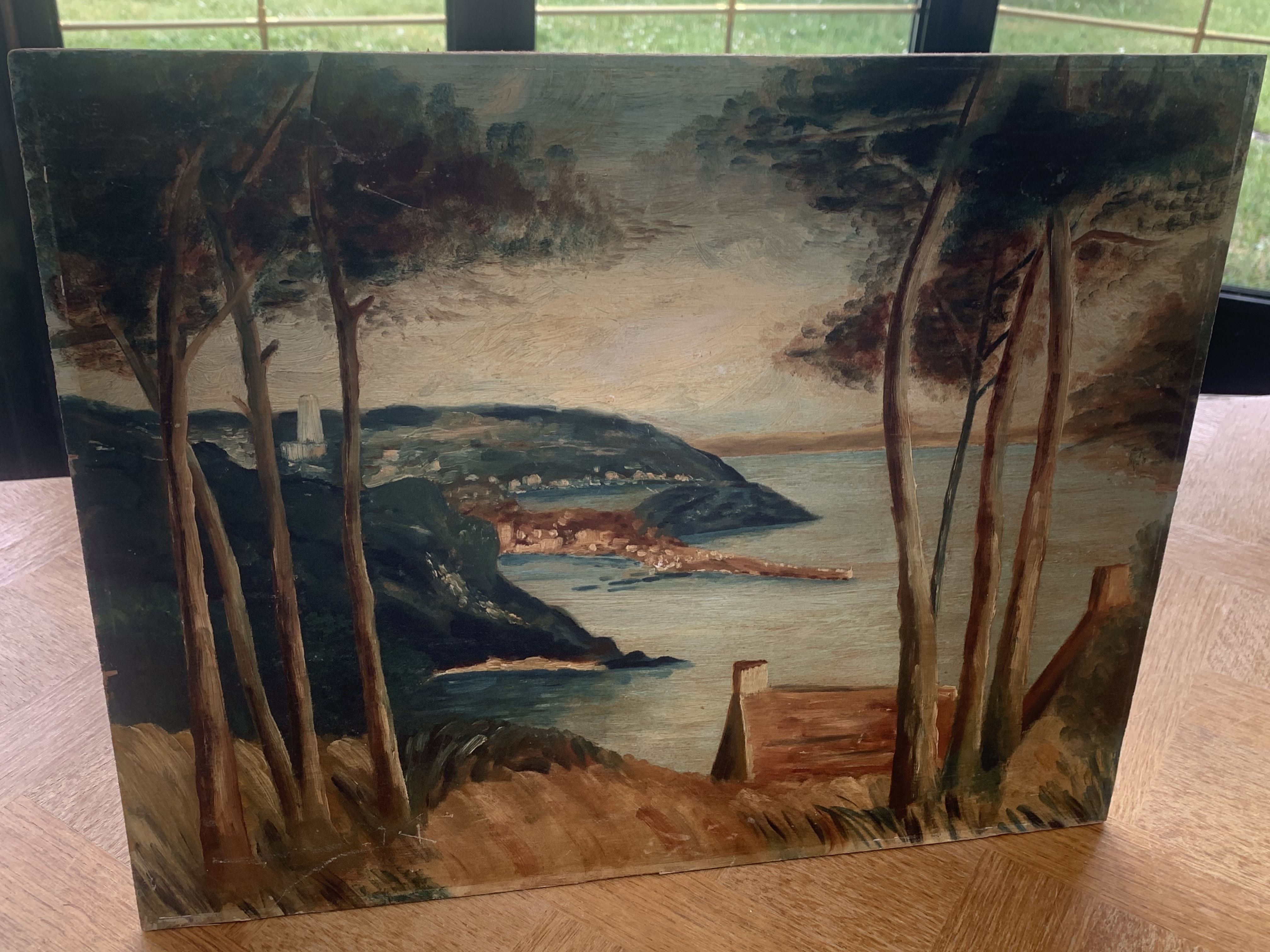 Painting on wood landscape by the water