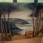 Painting on wood landscape by the water