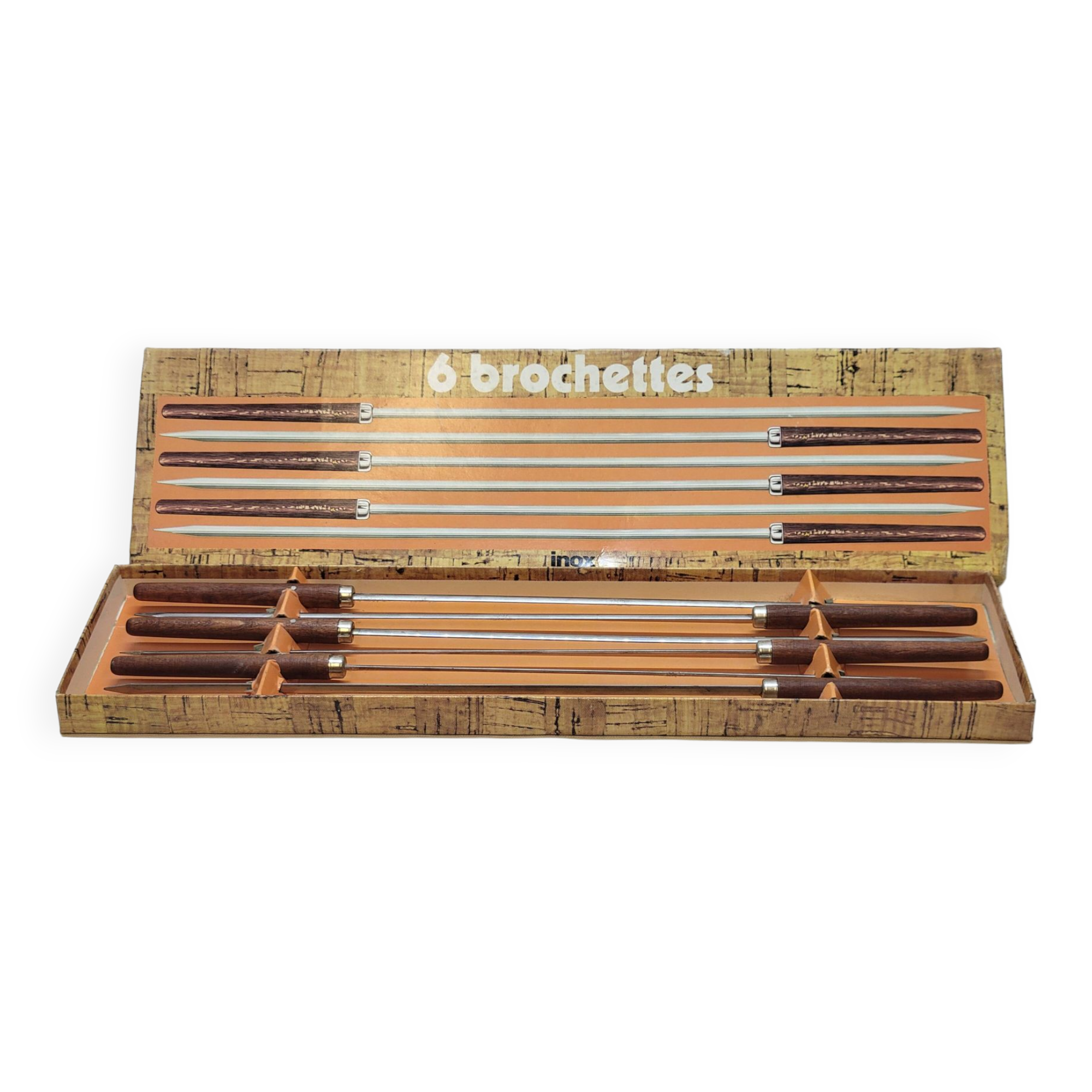 Set of 6 vintage skewers in stainless steel and wood in their box