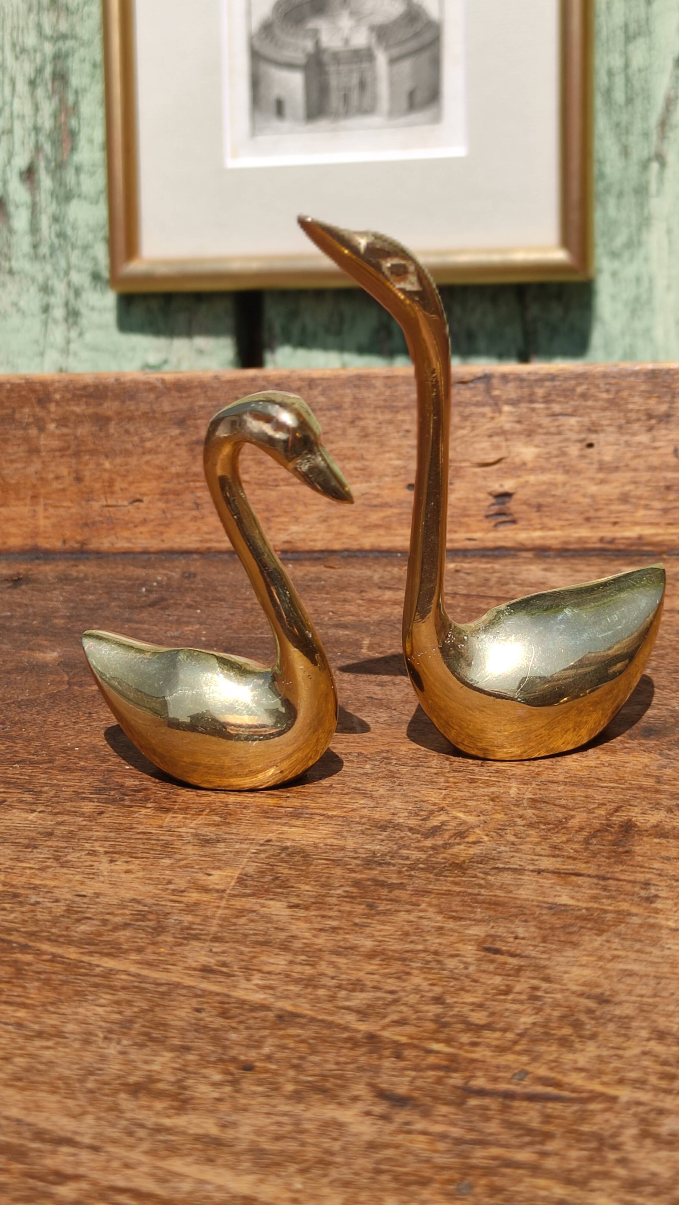 Pair of golden brass swans