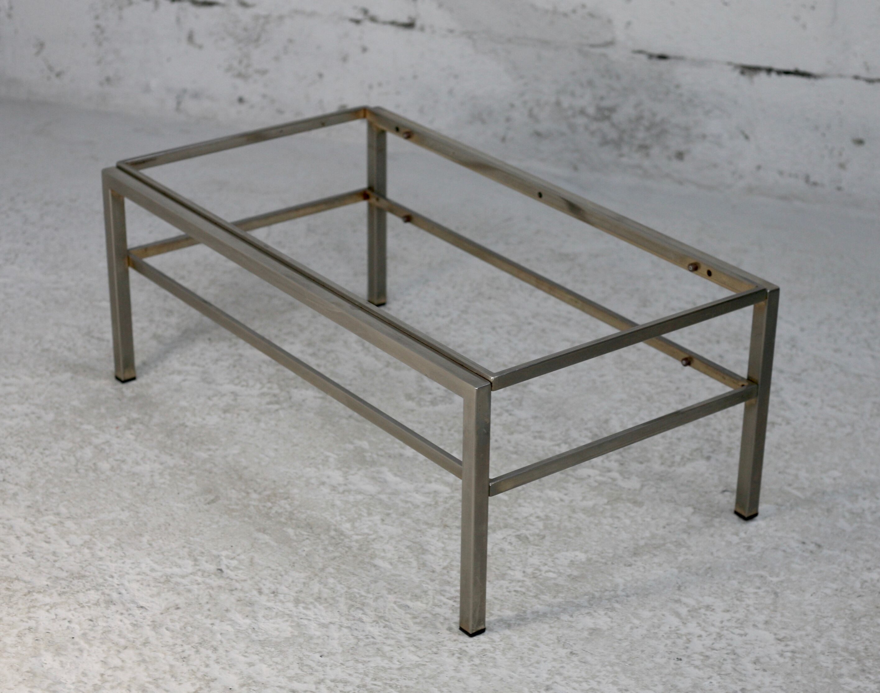 Double coffee table trays smoked glass steel. France, circa 1970