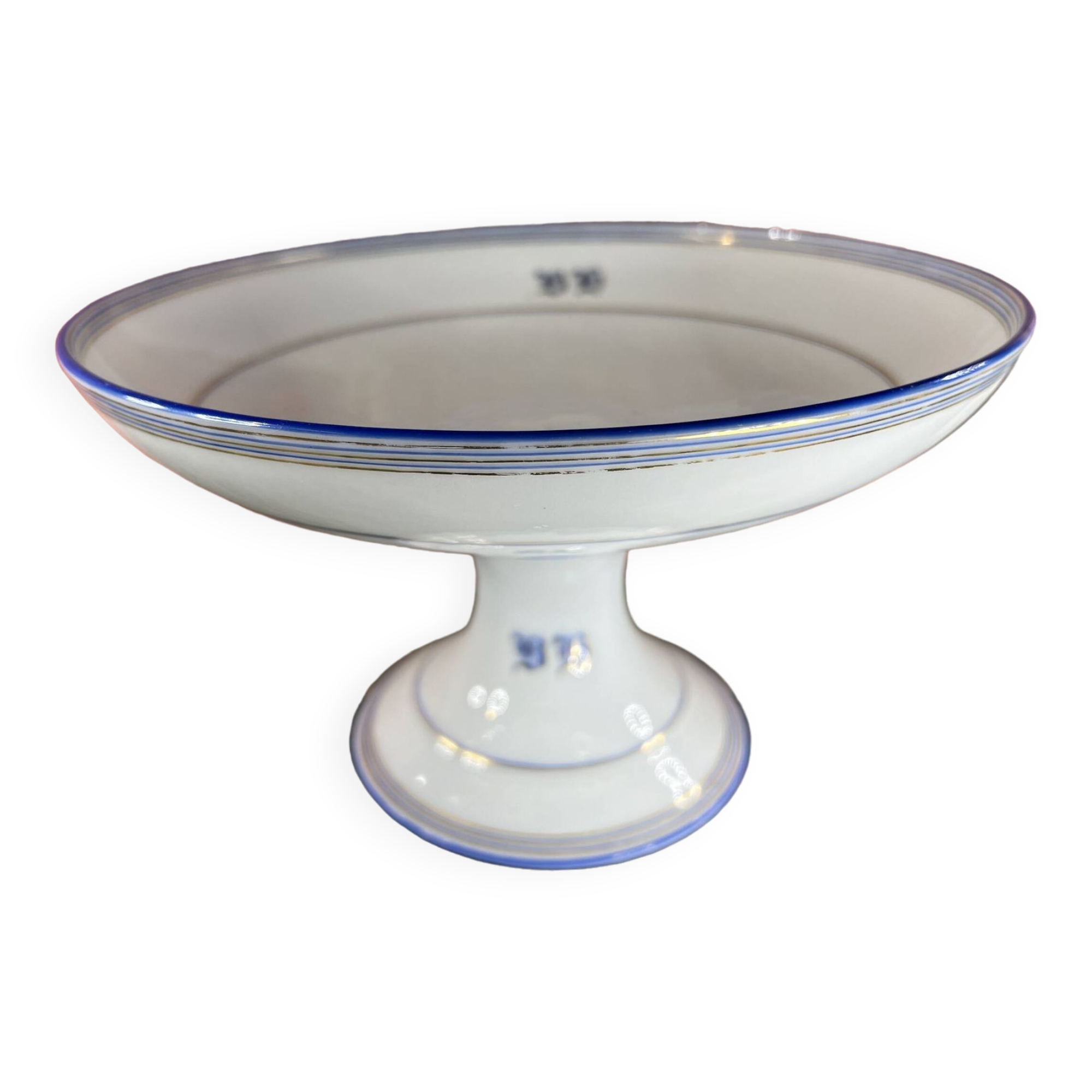 Flat compotier on foot monogrammed BH white and blue