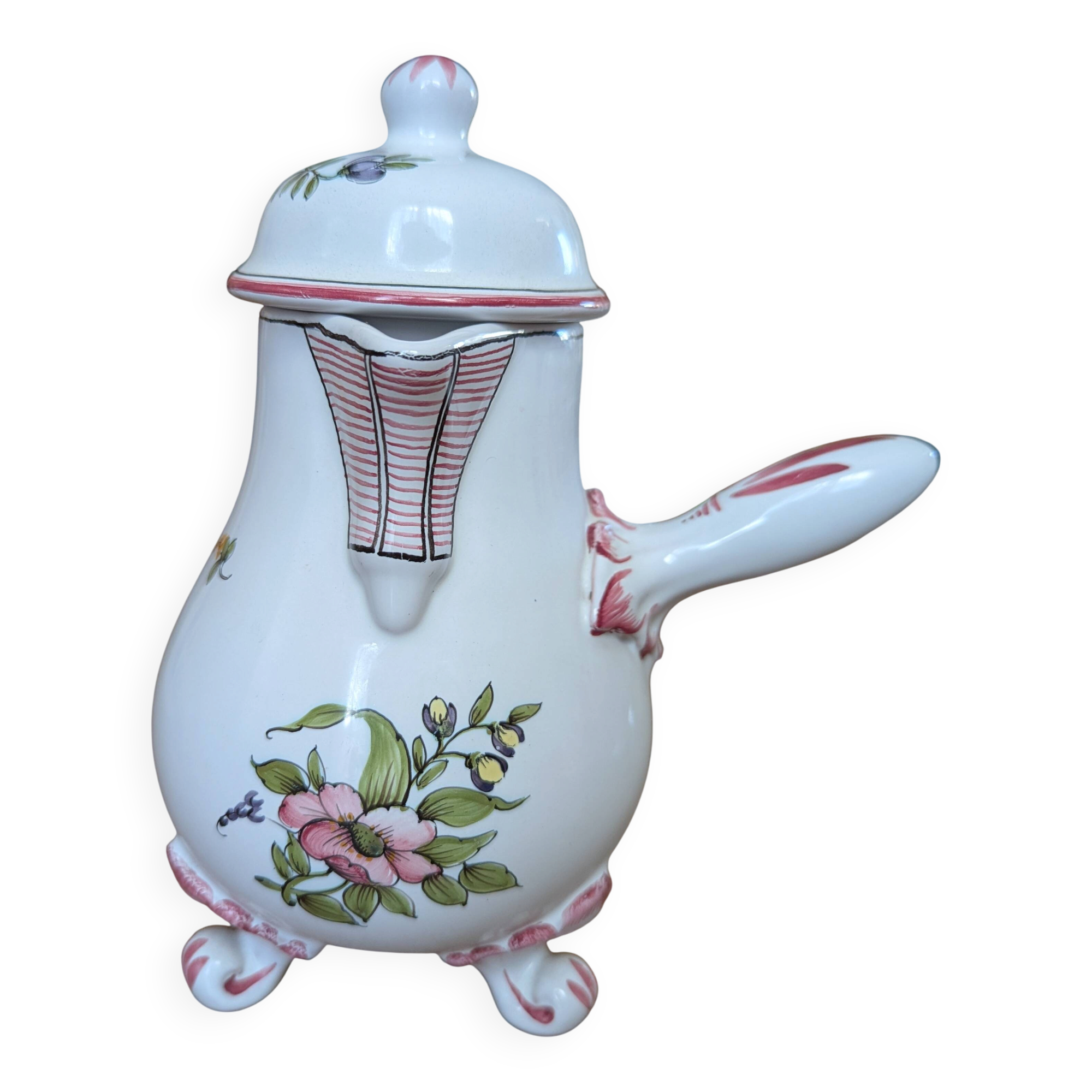 Tripod chocolate pot in Moustiers faience signed Lallier.