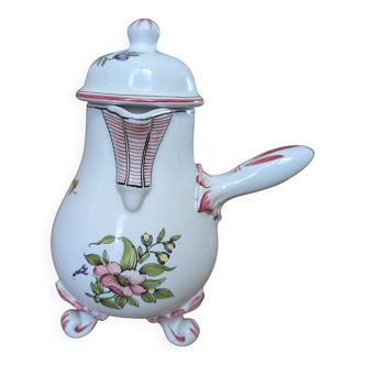 Tripod chocolate pot in Moustiers faience signed Lallier.