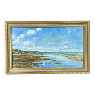 Peinture marine huile sur panneau "Bord de mer" signé