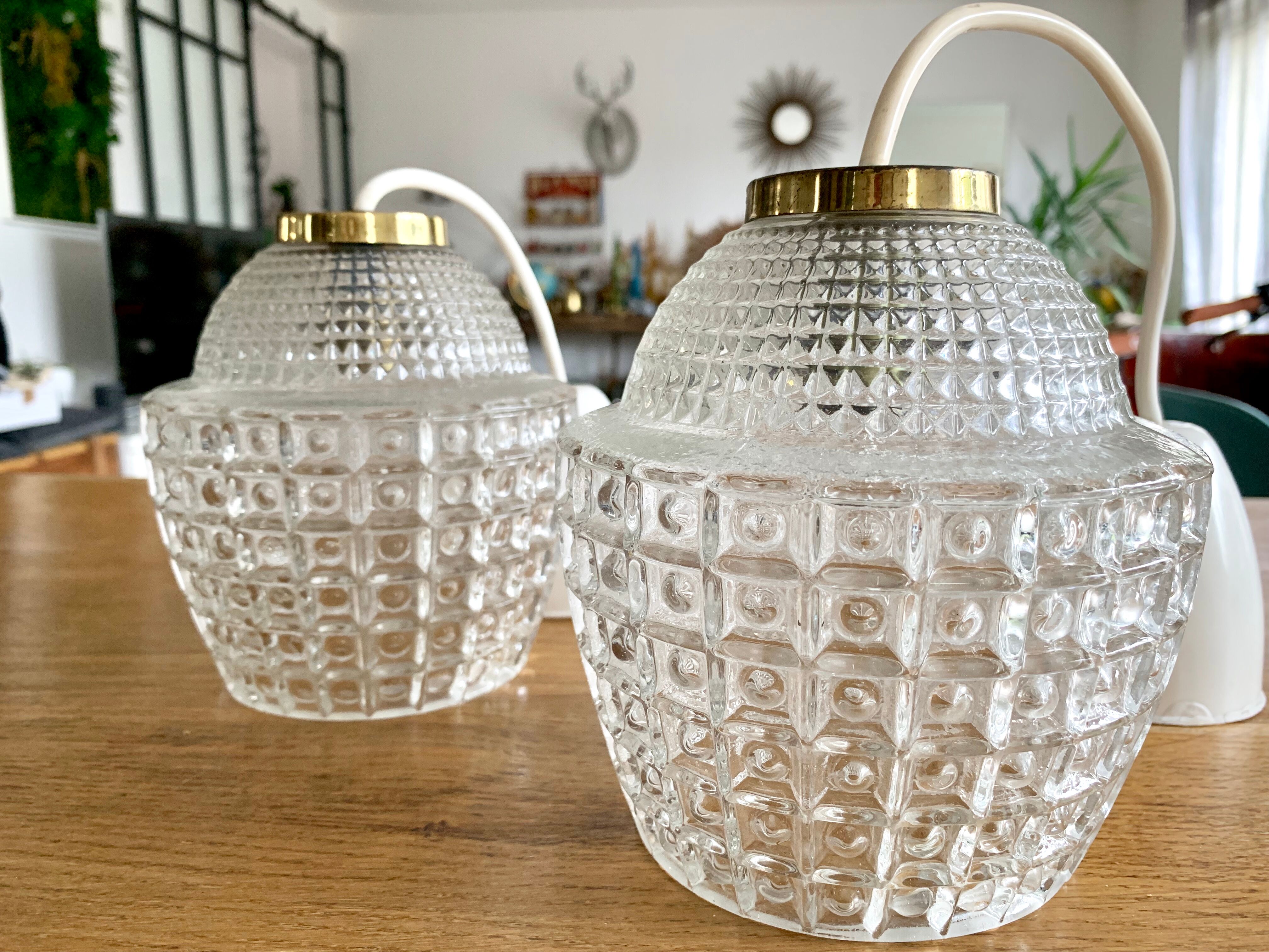 Pair of glass and vintage brass suspension