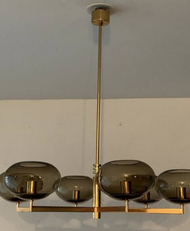 Italian brass chandelier with 6 grey smoked glass globes