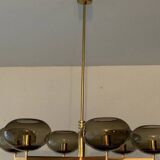 Italian brass chandelier with 6 grey smoked glass globes