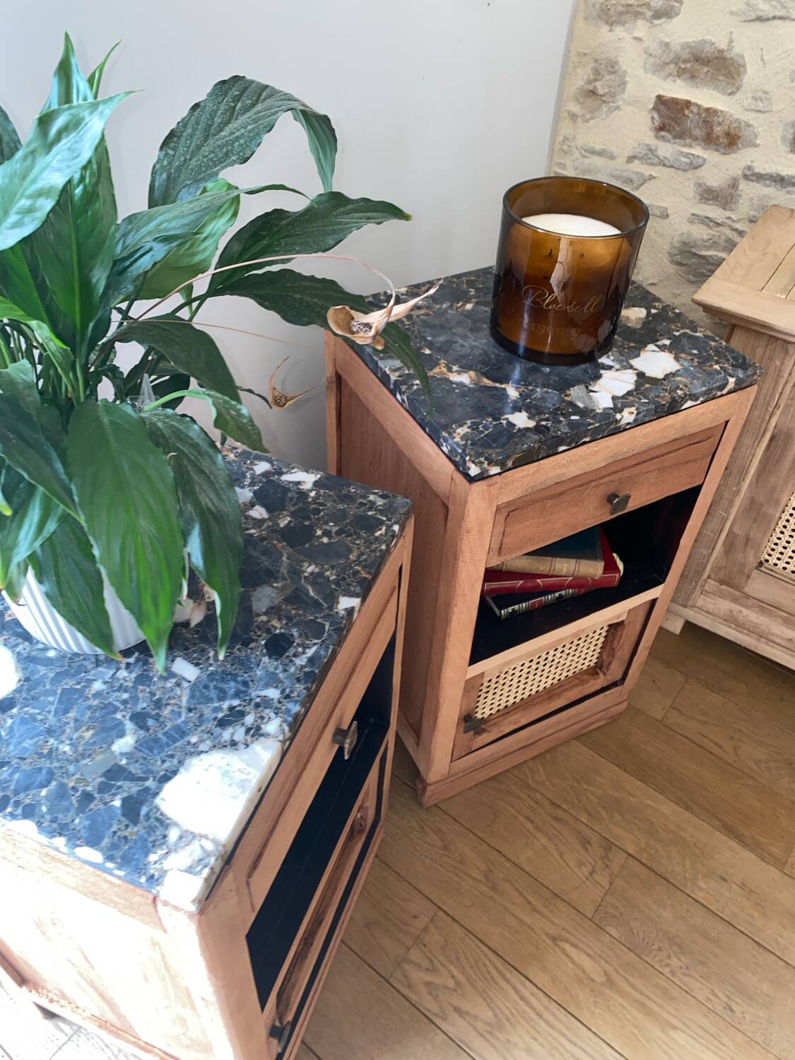 Pair of solid wood cane bedside or nightstands