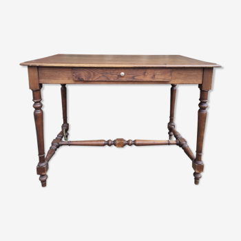 Writing table or wooden desk, Louis XIII style, turned feet, vintage