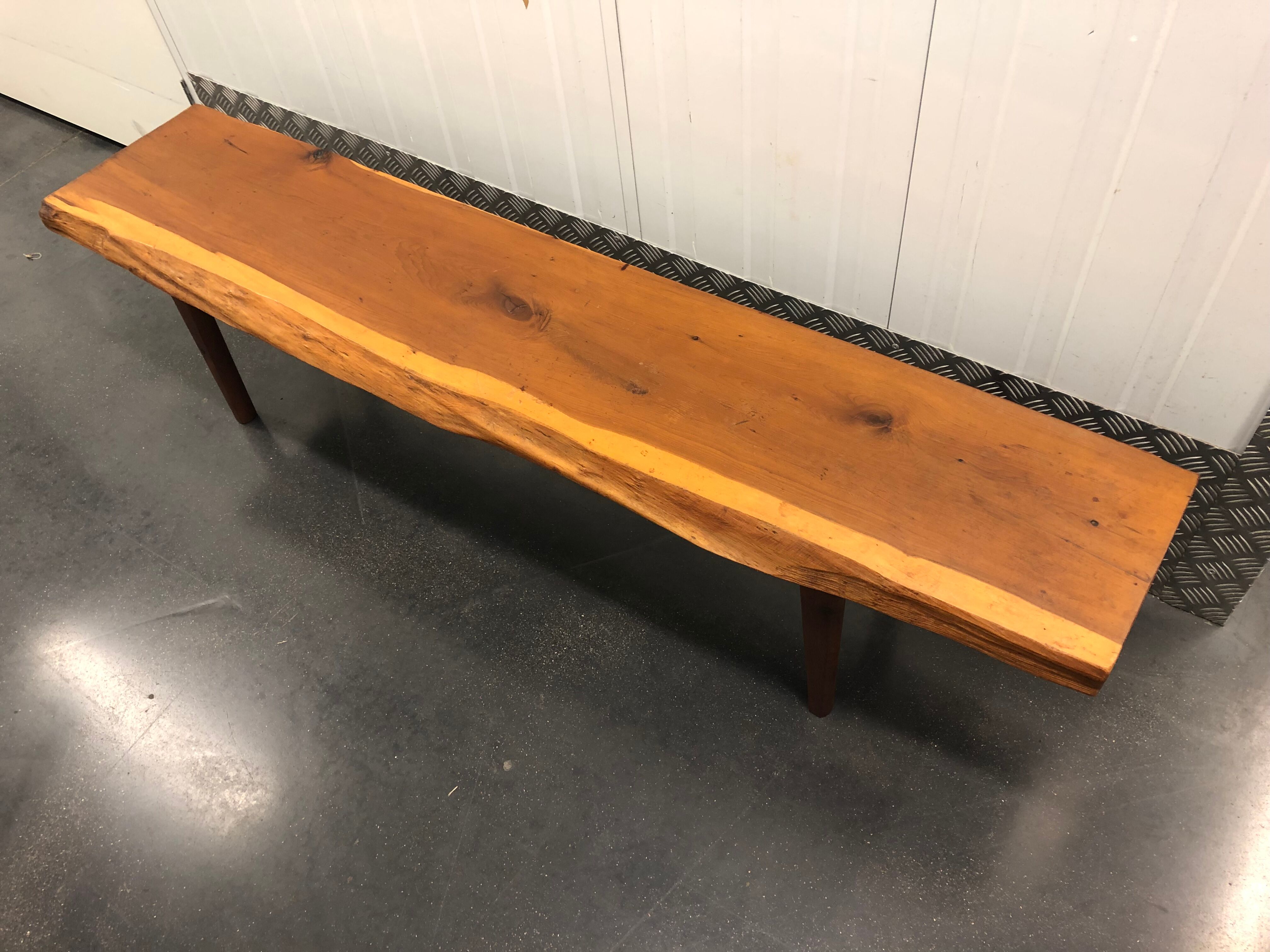 Wooden yew timbered bench stamped Reynolds of Ludlow, circa 1960