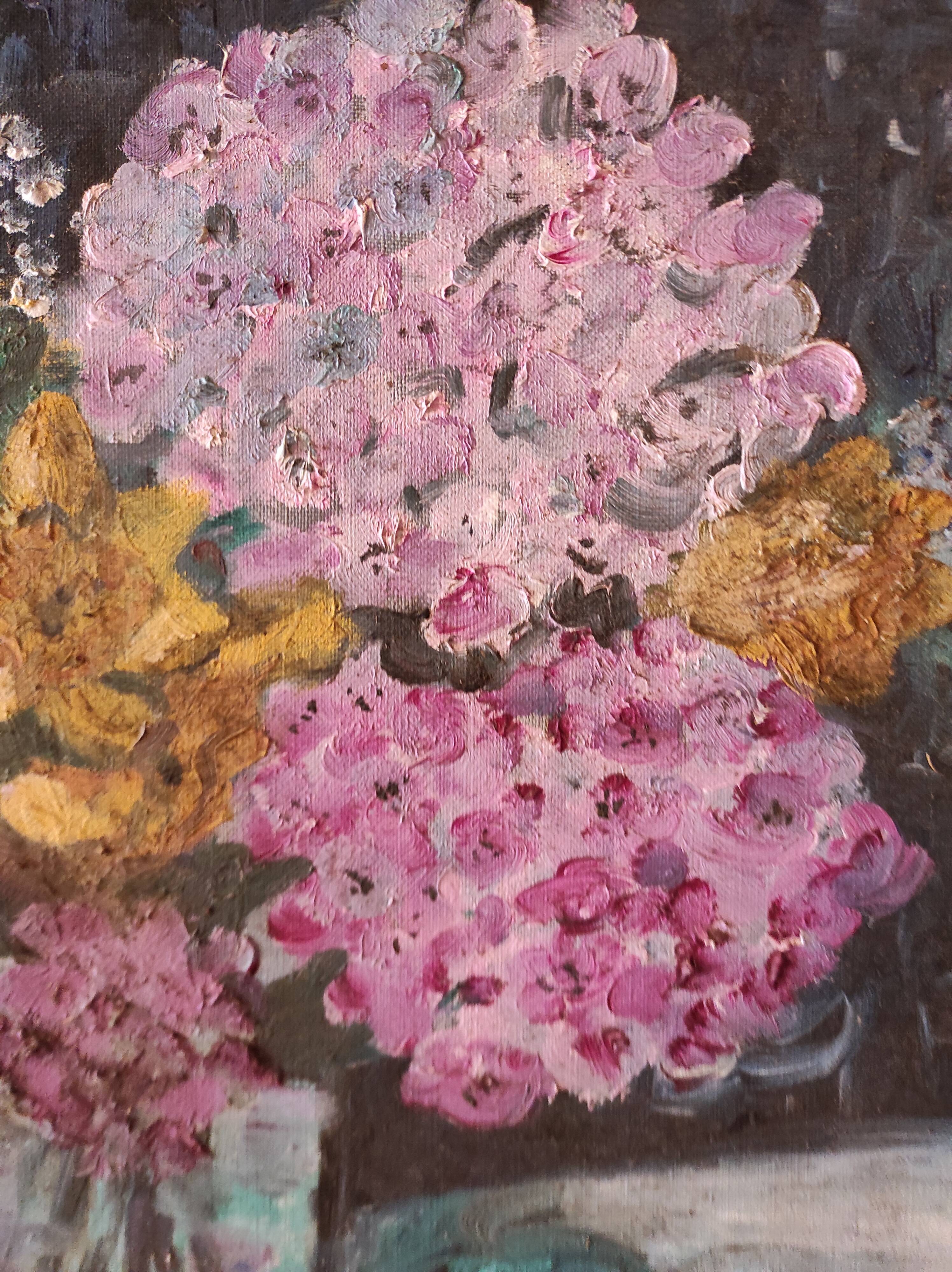 Peinture à l'huile française vintage d'hortensias signée C. Bardier, 1996