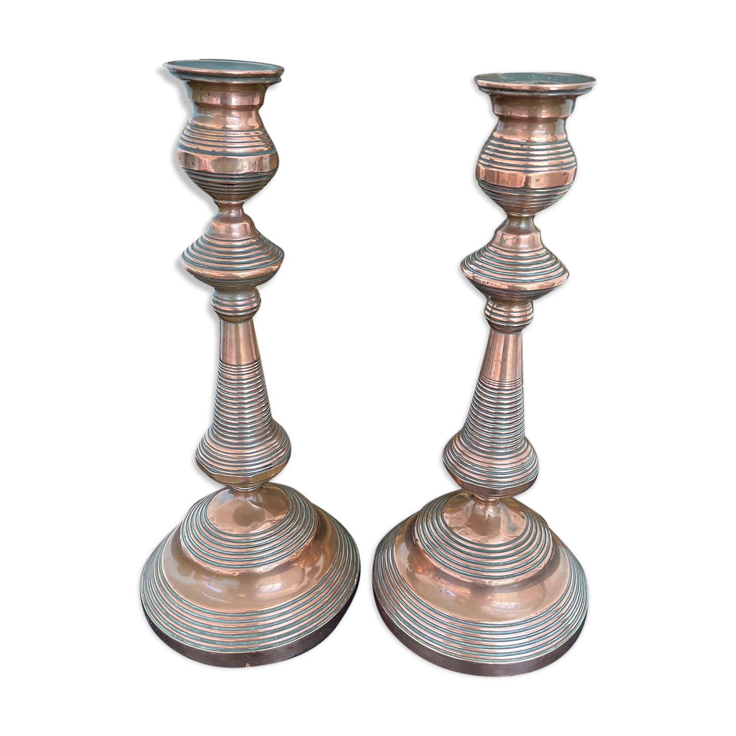 Antique, pair of candle holders, copper, brass, candle, goldsmith hallmark, old, large, massive, France