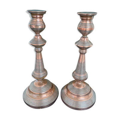 Antique, paire de bougeoirs, cuivre, laiton, bougie, poinçon orfèvre, ancien, grand, massif, France