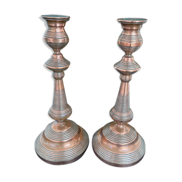 Antique, paire de bougeoirs, cuivre, laiton, bougie, poinçon orfèvre, ancien, grand, massif, France