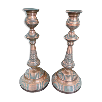 Antique, pair of candle holders, copper, brass, candle, goldsmith hallmark, old, large, massive, France