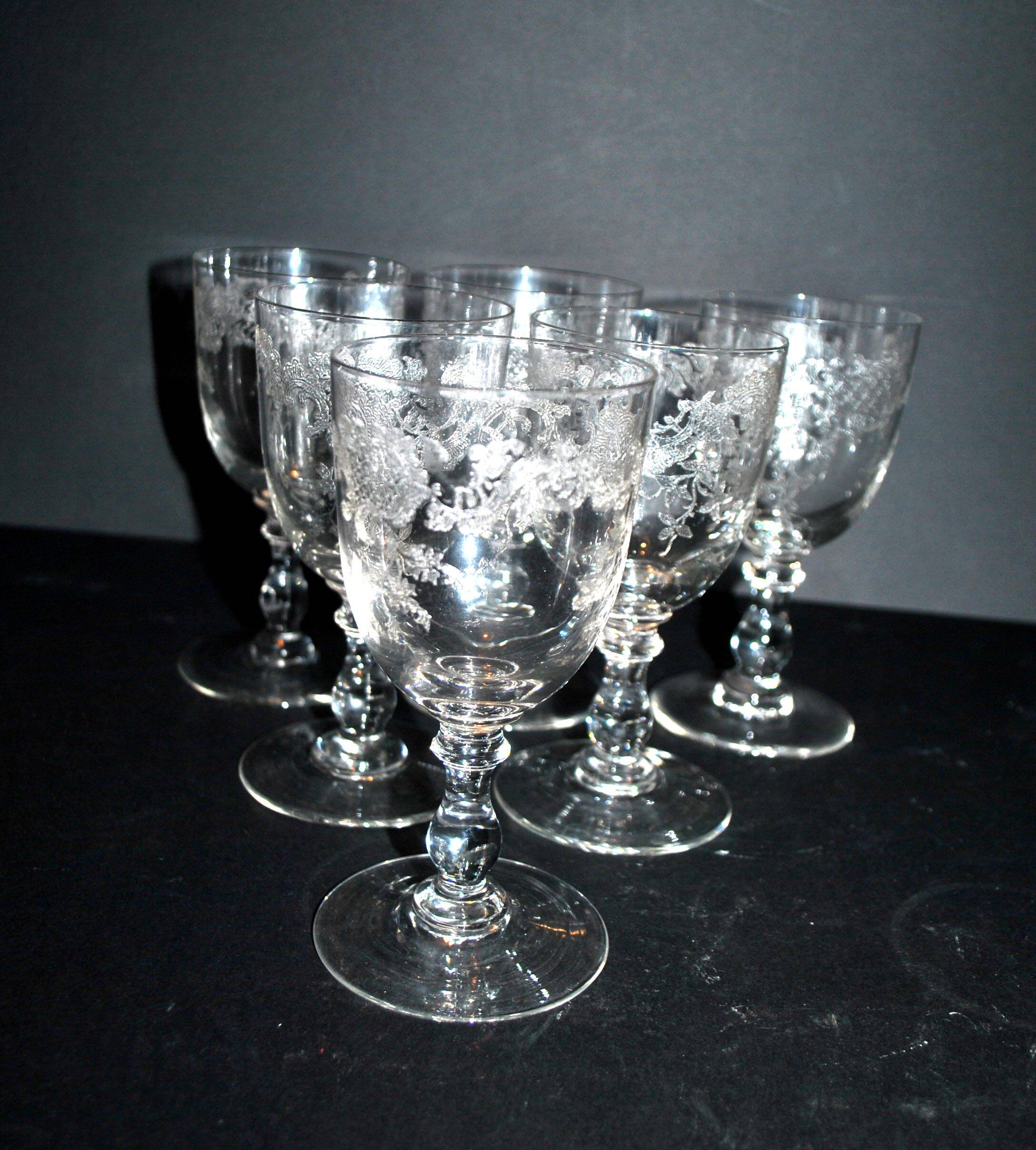 Saint-Louis set of 6 antique glasses with acid-etched rocaille and flower decoration 1920-30