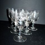 Saint-Louis set of 6 antique glasses with acid-etched rocaille and flower decoration 1920-30