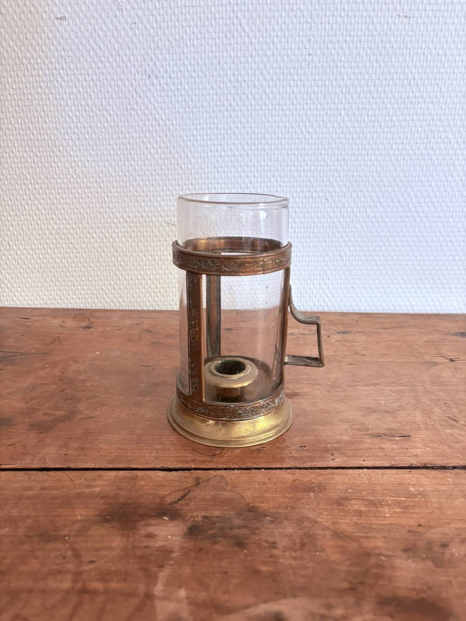 Night Candle Holder Brass Chiseled Blown Glass Night Light 19th Century