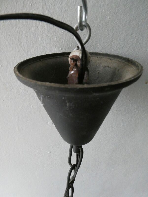 Suspension lanterne en métal noir et opaline des années 50