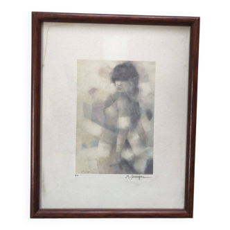 Lithographie femme nue, signé alferio maugeri eo, dans cadre bois, nu couleurs érotisme, beaux arts