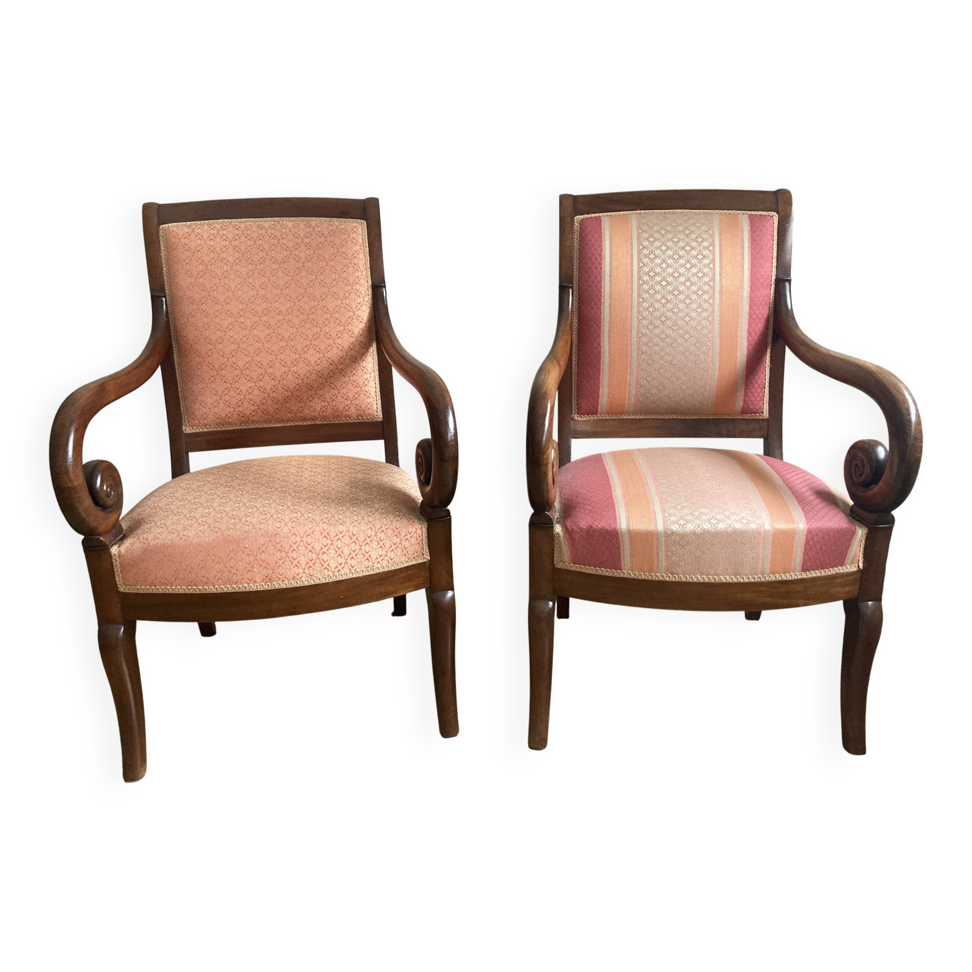 Pair of Restoration style armchairs with curved arms and cabriole legs