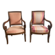 Pair of Restoration style armchairs with curved arms and cabriole legs