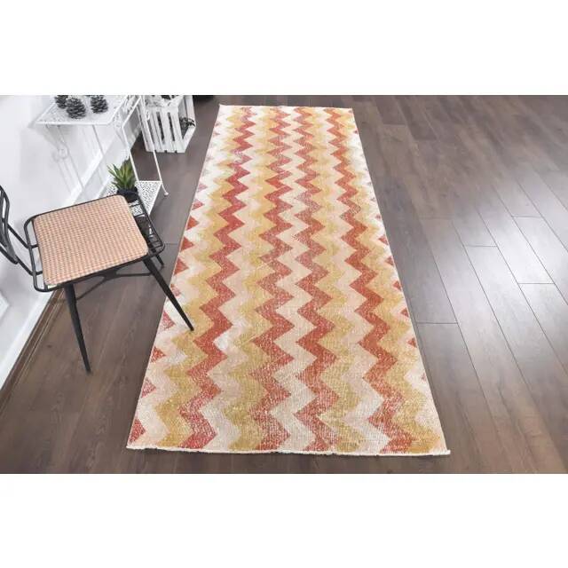 Vintage Chevron Yellow Turkish Hand-Knotted Tribal Runner 111x281