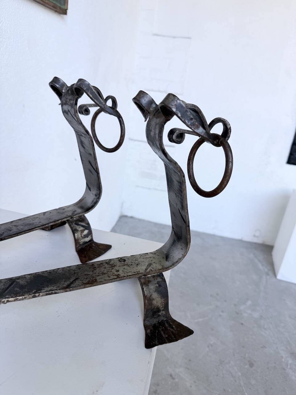 Pair of zoomorphic metal andirons "dogs" 1950