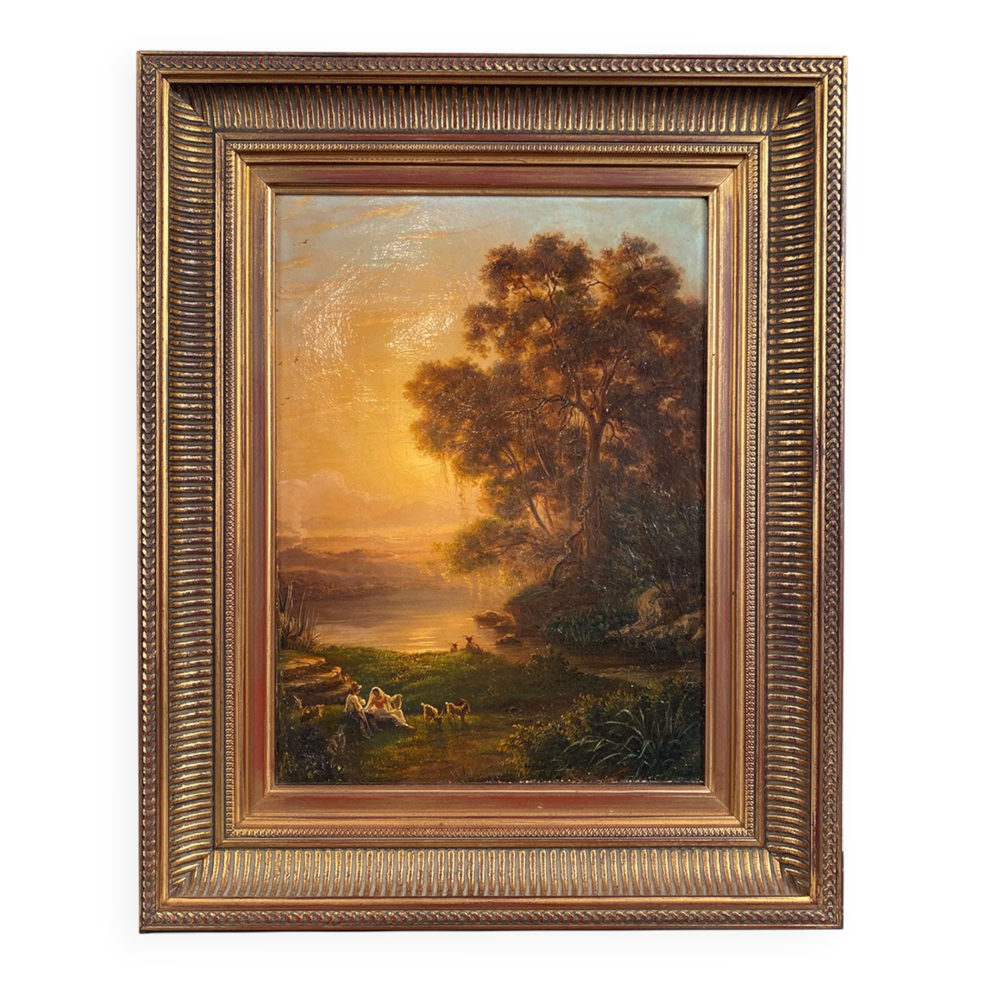 "Animated landscape at sunset", oil on canvas 19th century