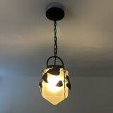 Antique glass and wrought iron pendant light with ivy decor Art Deco chandelier globe