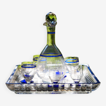 Rare liqueur service (with carafe of whiskey and small glasses) with blue and yellow borders