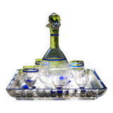 Rare liqueur service (with carafe of whiskey and small glasses) with blue and yellow borders
