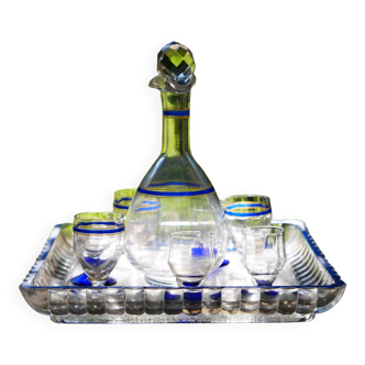 Rare liqueur service (with carafe of whiskey and small glasses) with blue and yellow borders