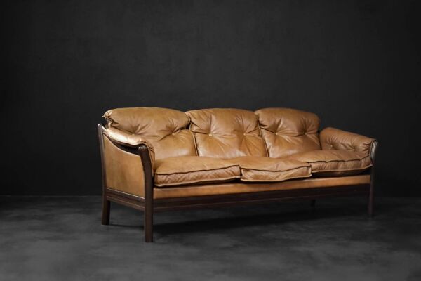 Vintage Mid-Century Danish Modern Cognac Leather 3-Seater Sofa, 1960s
