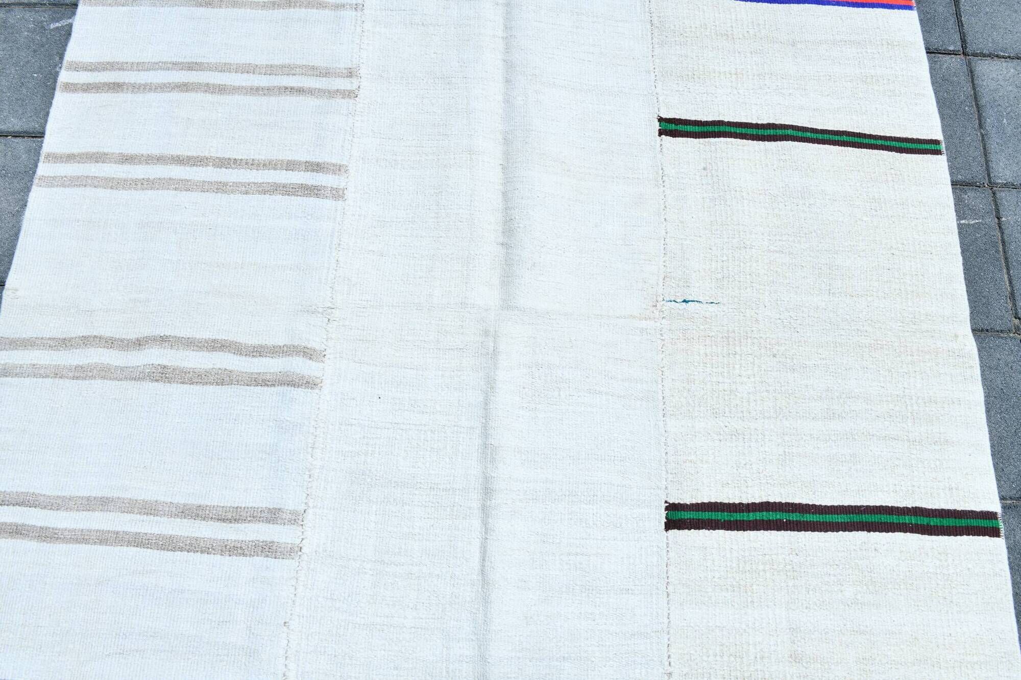 Turkish Vintage Minimalit Striped Kilim Rug, Handmade Oushak Wool Carpet