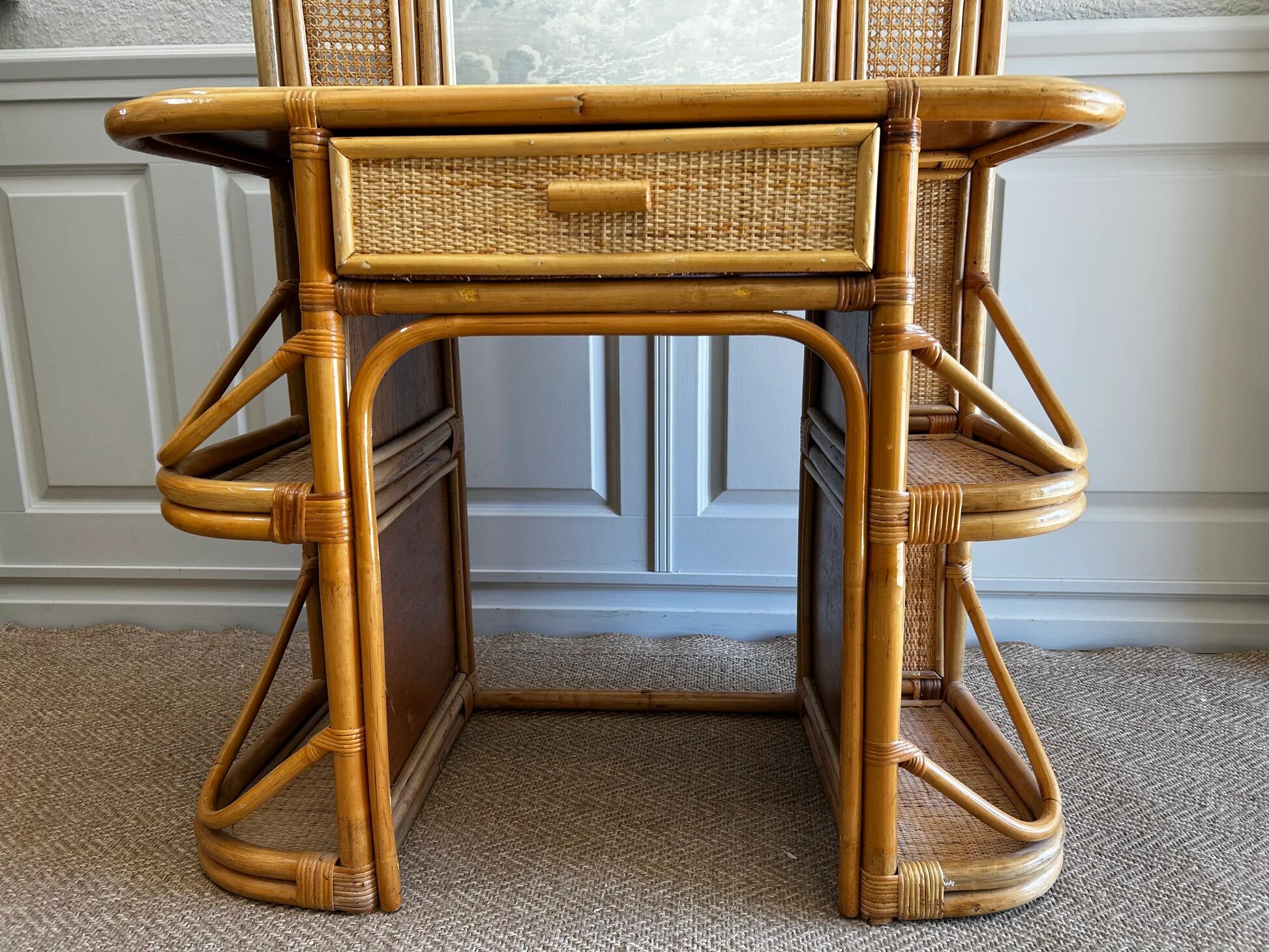 Bamboo and rattan vanity / dressing table with drawer and mirror, 1970s mid-century modern