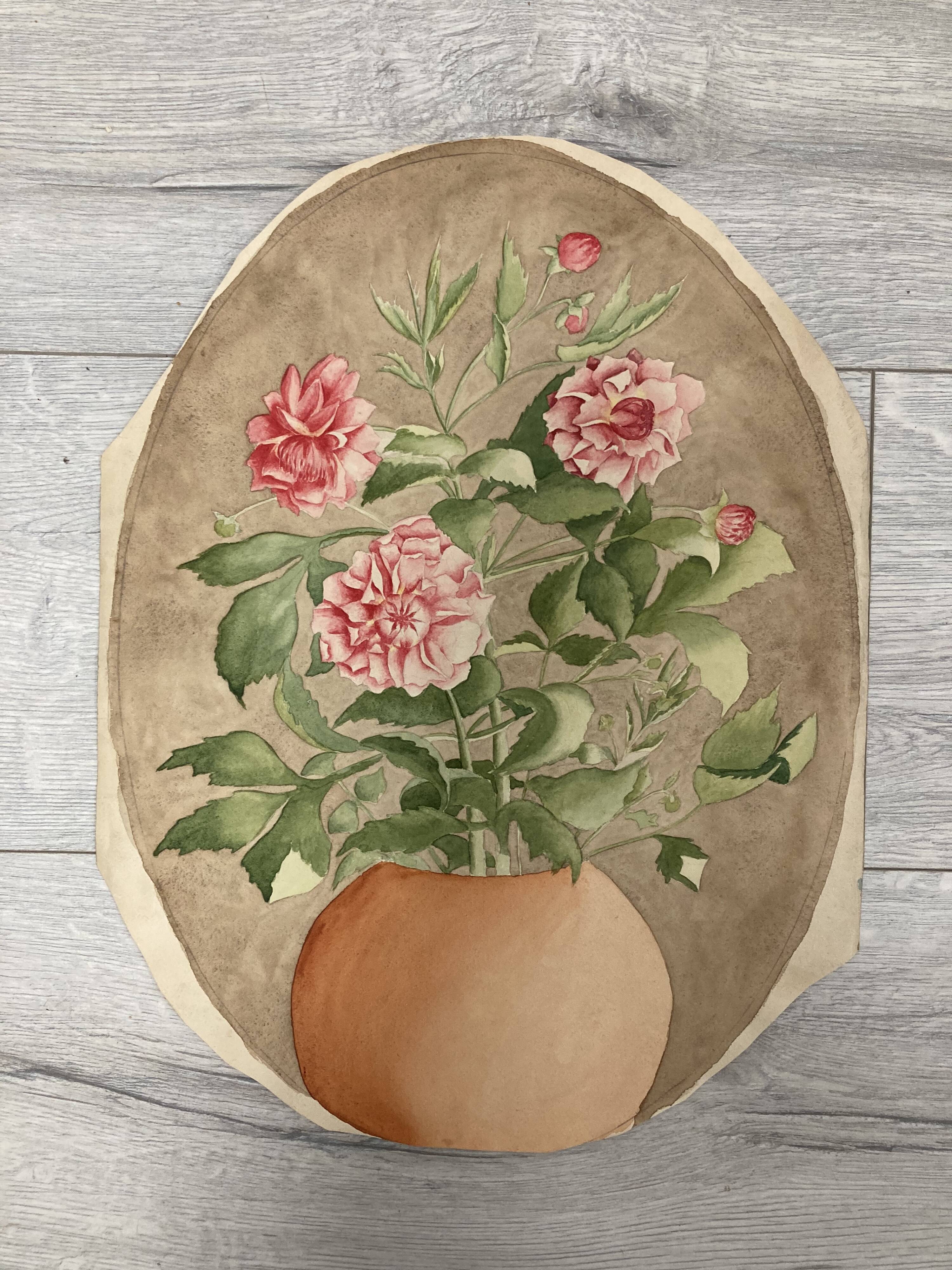 Watercolor with vintage double-sided rose bouquets