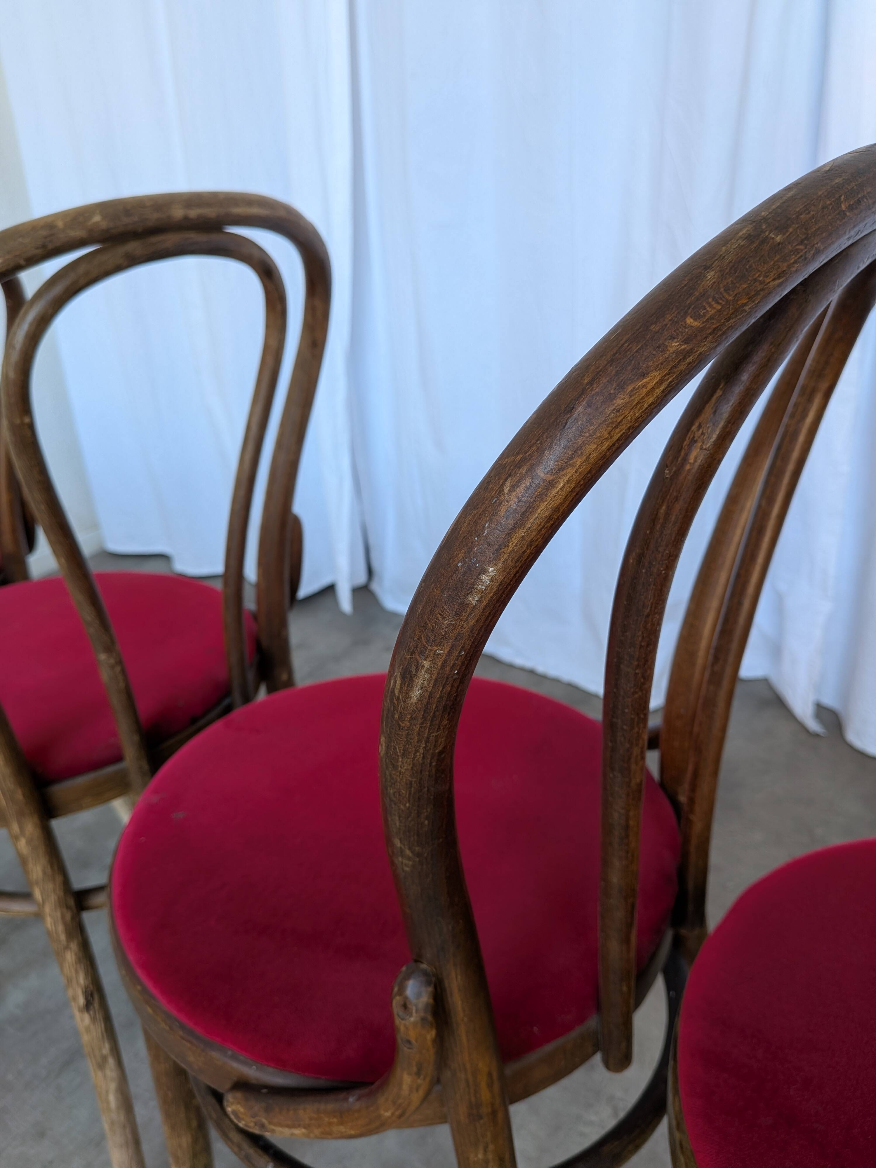 Set of 8 Vintage Bentwood Bistro Chairs: Red Upholstery