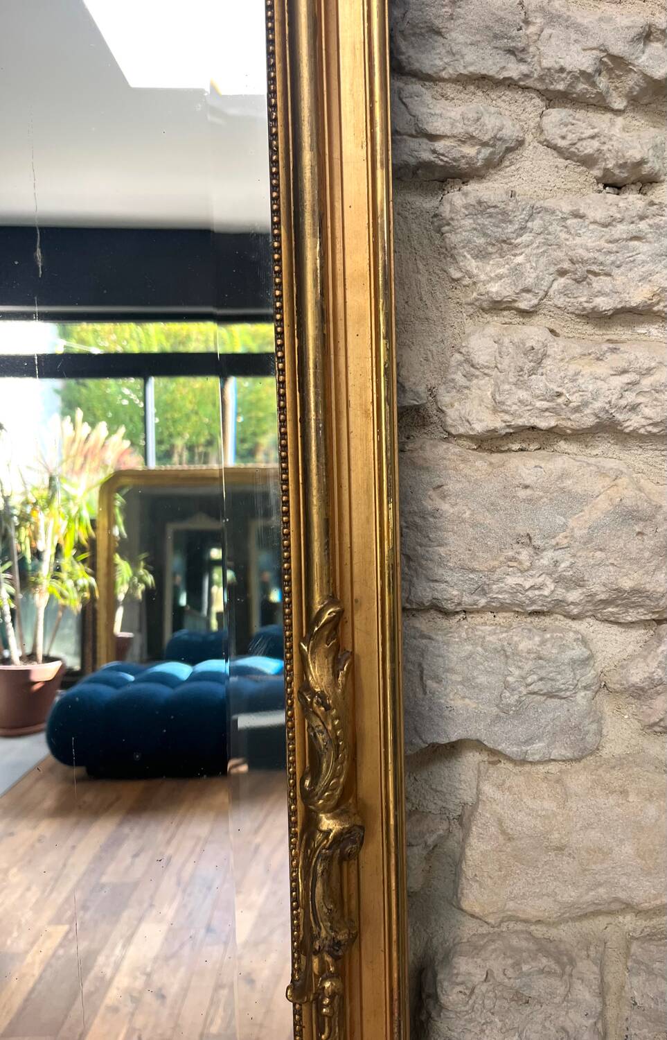 Antique mirror, 238.5/51cm, between two panes, with gilded pediments and gold leaf