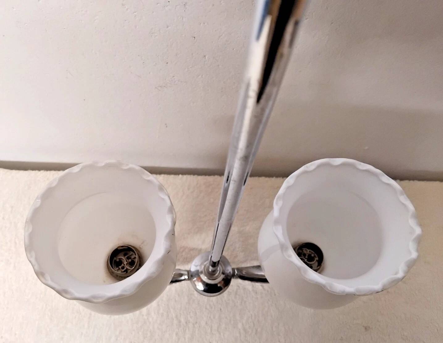 Vintage opaline lampshade chrome duck 2-arm chandelier