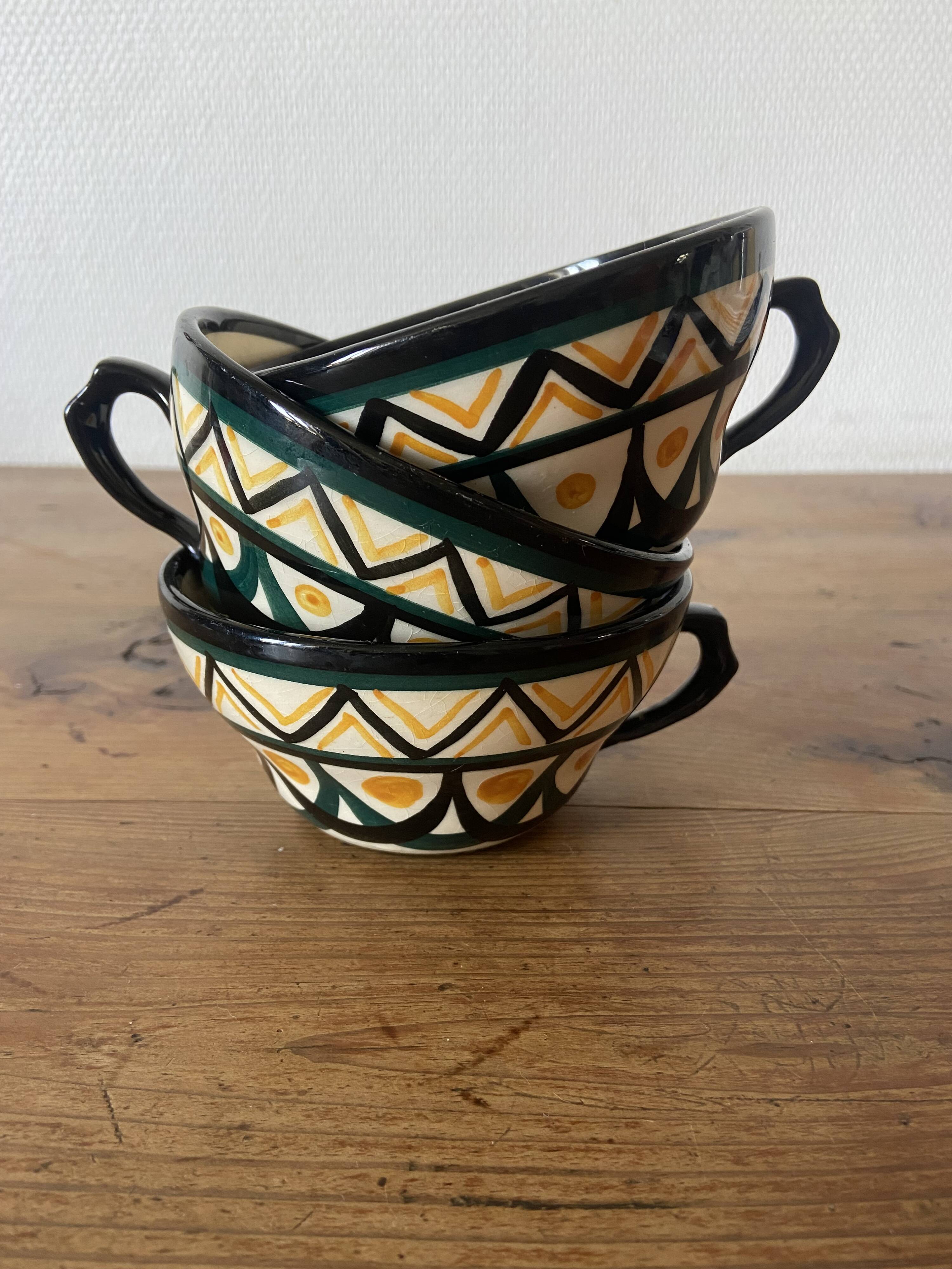 Set of 3 Breton earthenware cups & saucers
