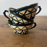 Set of 3 Breton earthenware cups & saucers