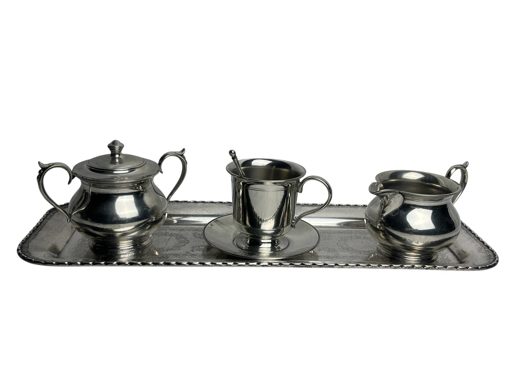 Service à café égoïste sur plateau métal argenté vers 1960