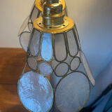 Pair of portable lamps with mother-of-pearl lampshades and brass.