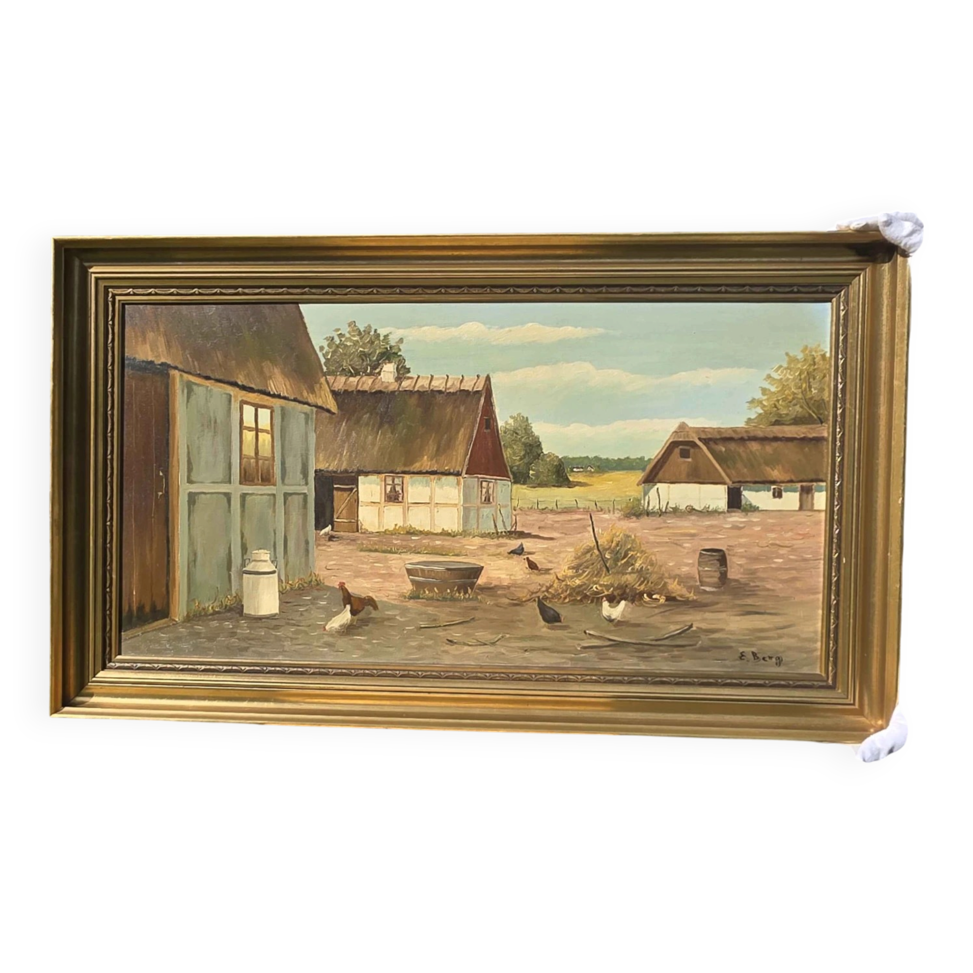 Vintage Oil Painting - Sunlit Farmyard with Chickens