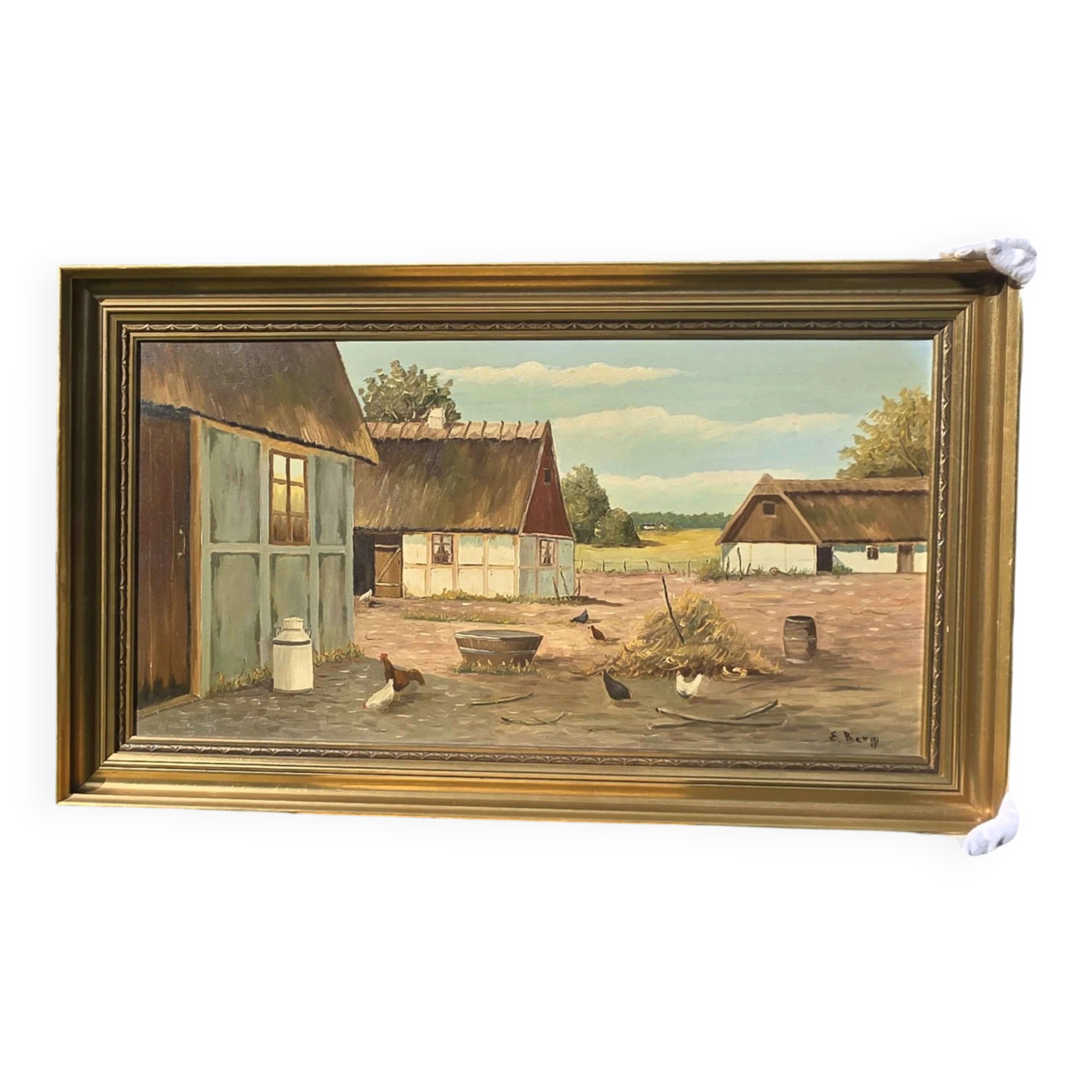 Vintage Oil Painting - Sunlit Farmyard with Chickens