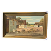 Vintage Oil Painting - Sunlit Farmyard with Chickens