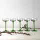 Set of 5 white wine glasses of alsace foot green apple retro vintage.